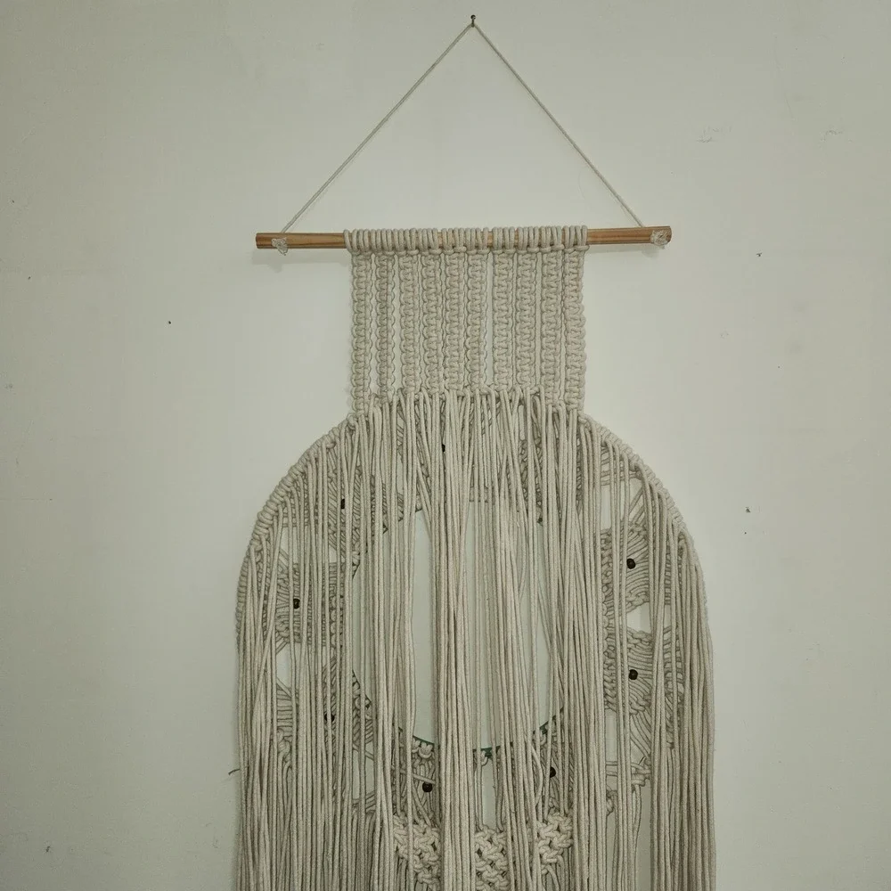 Large Boho Macrame Wall Hanging Mirror Cream Cotton Fringe 20x58 Wood Bead Decor